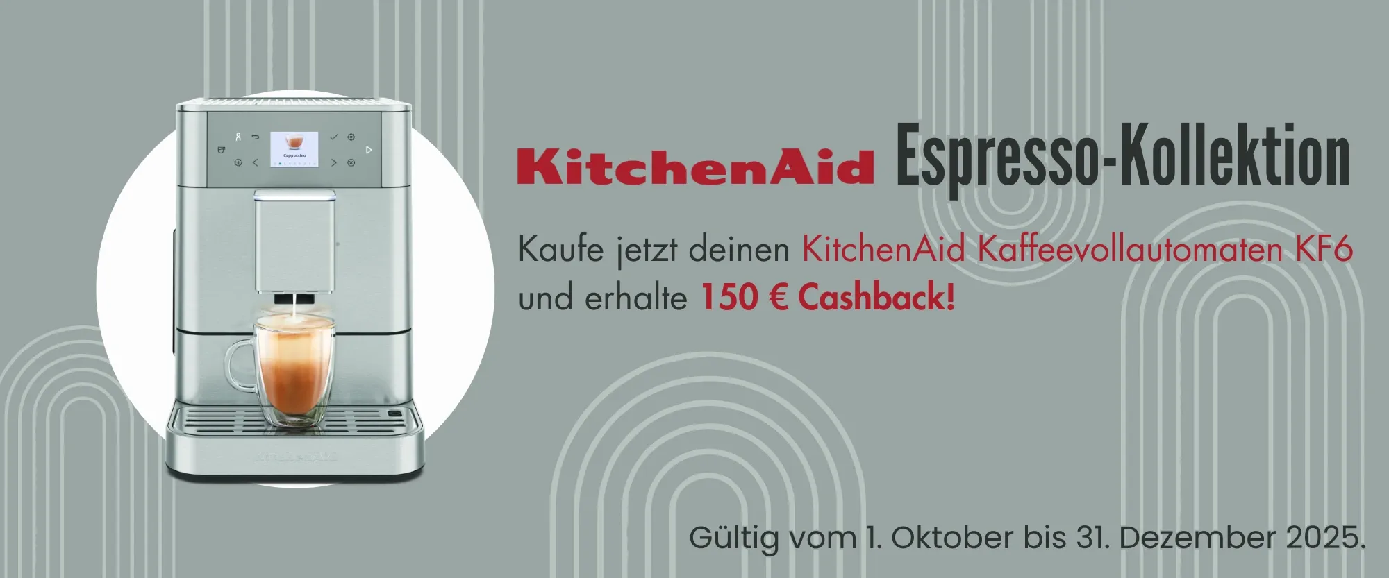 Abbildung Kaffeevollautomat KF6 von KitchenAid. Es gibt bis Ende des Jahres 150 Euro Cashback.