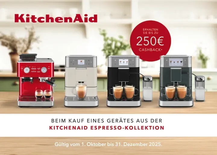 Bild von vier KitchenAid Espressomaschinen und Kaffeevollautomaten mit einer bis zu 250 Euro Cashback-Aktion.