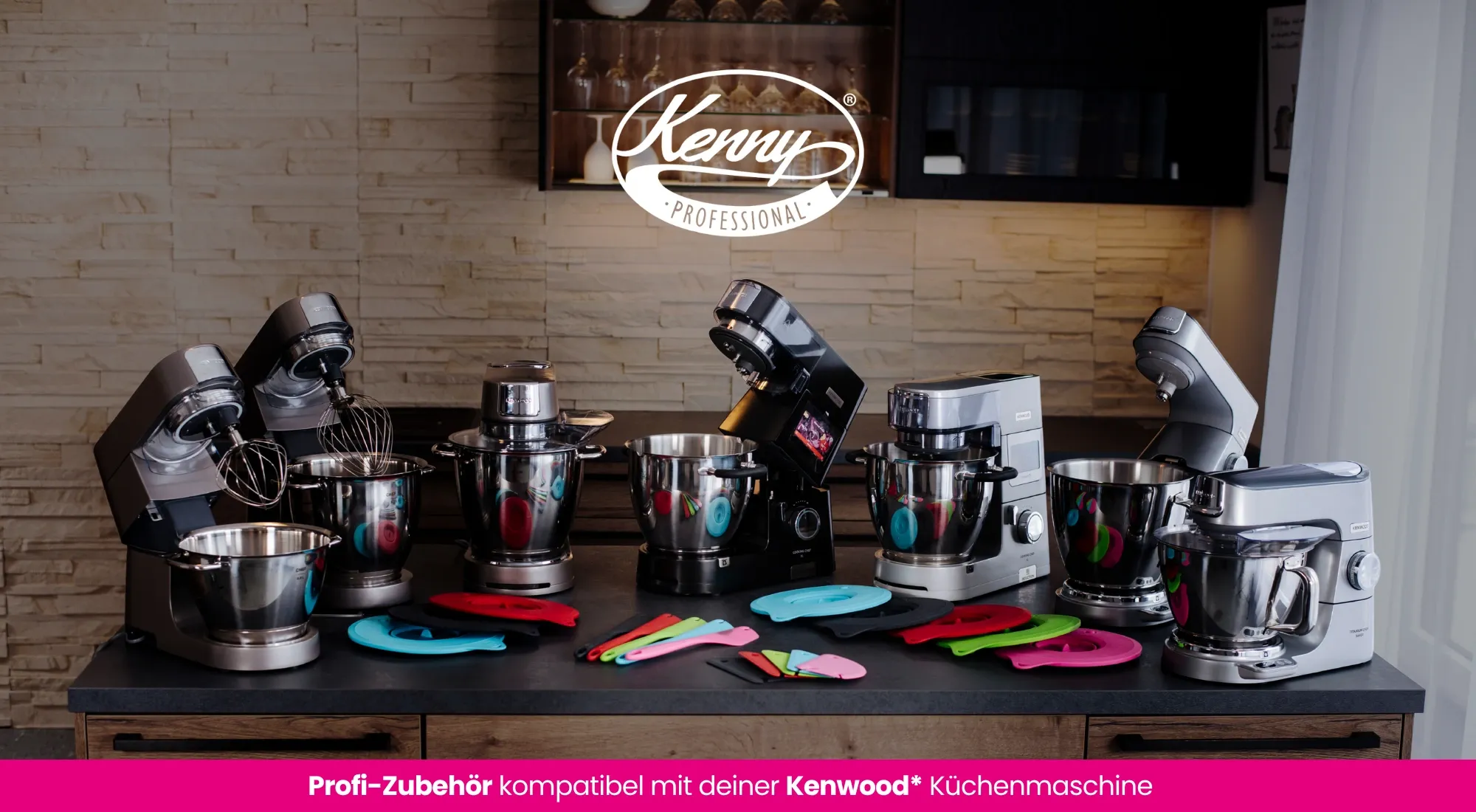 Kenny Professional Startseiten Banner mit mehreren Produkten "Profi-Zubehör kompatibel mit deiner Kenwood* Küchenmaschine:"