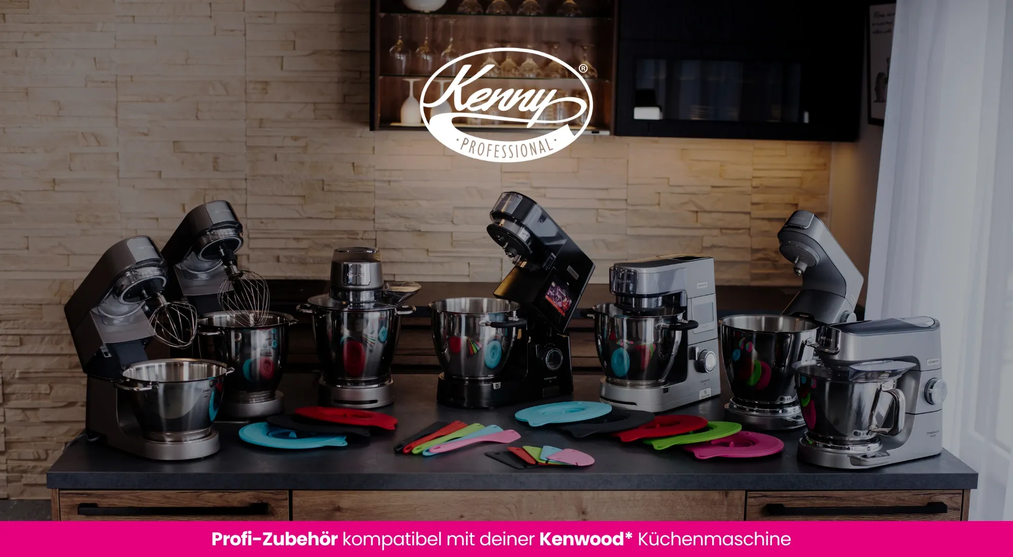 Kenny Professional Startseiten Banner mit mehreren Produkten "Profi-Zubehör kompatibel mit deiner Kenwood* Küchenmaschine:"