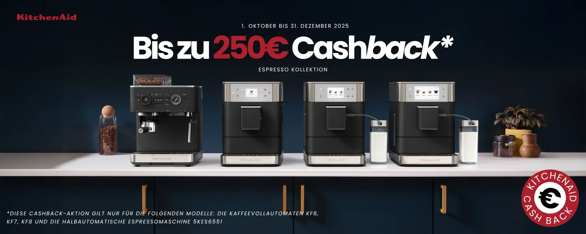 Bild von vier KitchenAid Espressomaschinen und Kaffeevollautomaten. Erhalte bis zu 250 Euro Cashback bis Ende des Jahres.
