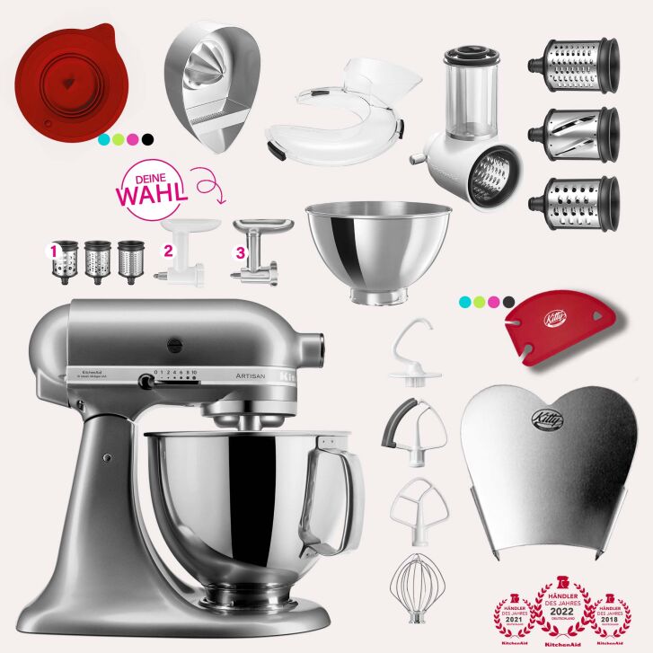 KitchenAid Artisan 4,8 Liter KSM175 Spar-Set mit Gemüseschneider, Fleischwolf - KONTUR SILBER