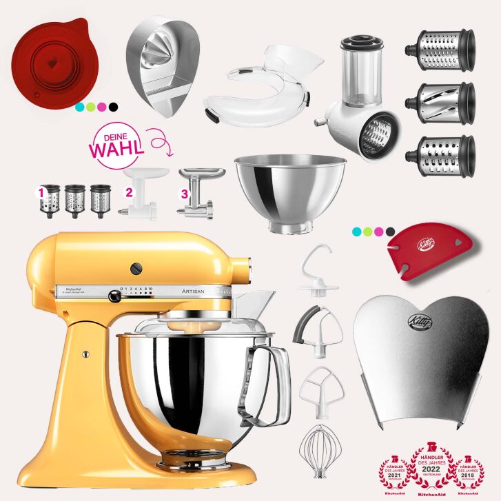 KitchenAid Artisan 4,8 Liter KSM175 Sallys Spar-Set mit Gemüseschneider & Fleischwolf - PASTELLGELB