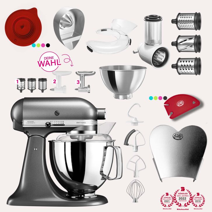 KitchenAid Artisan 4,8 Liter KSM175 Sallys Spar-Set mit Gemüseschneider & Fleischwolf - MEDAILLON SILBER