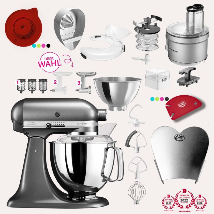 KitchenAid Artisan 4,8 Liter KSM175 Sallys Spar-Set mit Food Processor & Fleischwolf - MEDAILLON SILBER
