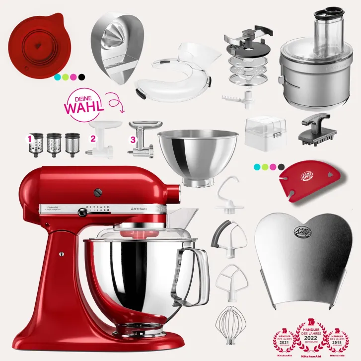 KitchenAid Artisan 4,8 Liter KSM175 Sallys Spar-Set mit Food Processor & Fleischwolf - LIEBESAPFEL ROT