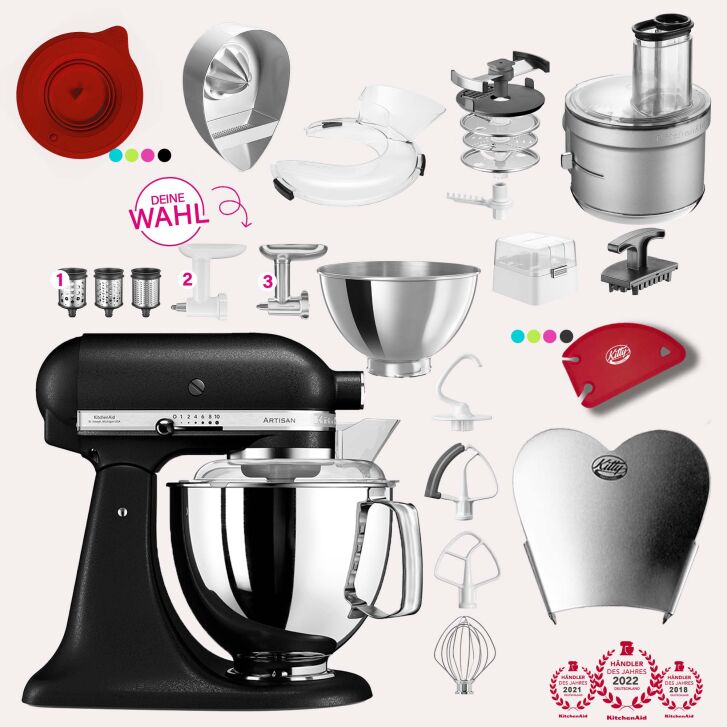 KitchenAid Artisan 4,8 Liter KSM175 Sallys Spar-Set mit Food Processor & Fleischwolf - GUSSEISEN SCHWARZ