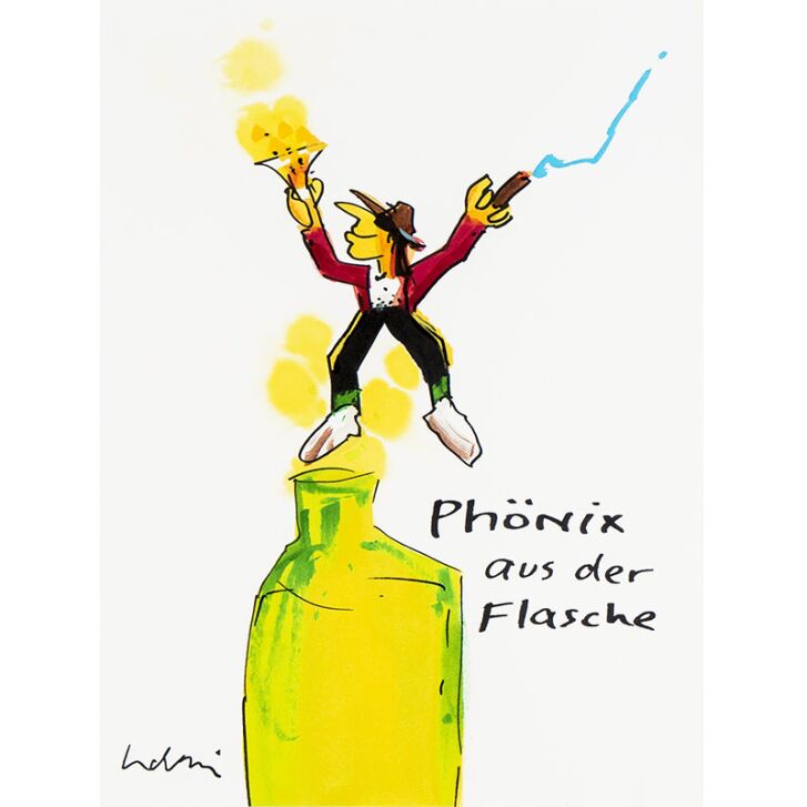 Udo Lindenberg Original Mischtechnik 2018 "Phönix aus der Flasche" Unikat / handsigniert ca. 36 x 47 cm