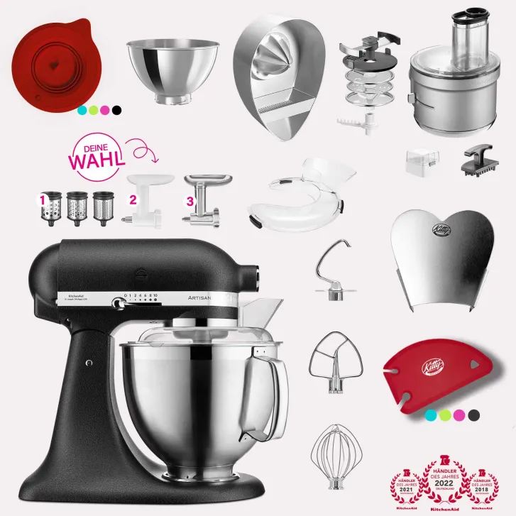 KitchenAid Artisan 4,8 Liter KSM185 Sallys Spar-Set mit Food Processor & Fleischwolf - GUSSEISEN SCHWARZ