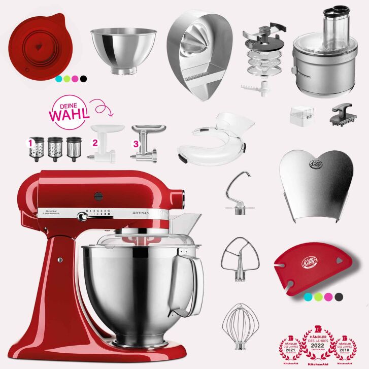 KitchenAid Artisan 4,8 Liter KSM185 Sallys Spar-Set mit Food Processor & Fleischwolf - EMPIRE ROT