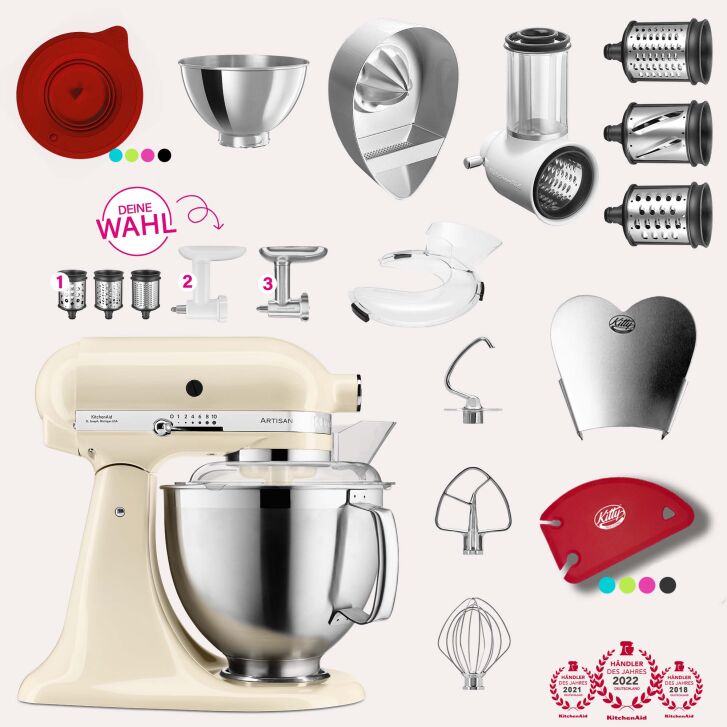 KitchenAid Artisan 4,8 Liter KSM185 Sallys Spar-Set mit Gemüseschneider & Fleischwolf - CREME