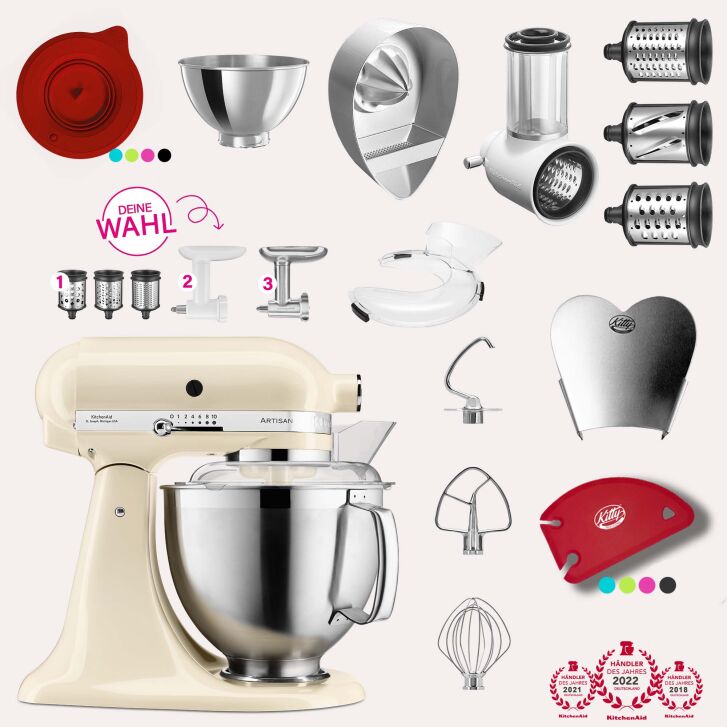 KitchenAid Artisan 4,8 Liter KSM185 Spar-Set mit Gemüseschneider, Fleischwolf - CREME