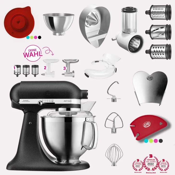 KitchenAid Artisan 4,8 Liter KSM185 Sallys Spar-Set mit Gemüseschneider & Fleischwolf - GUSSEISEN SCHWARZ