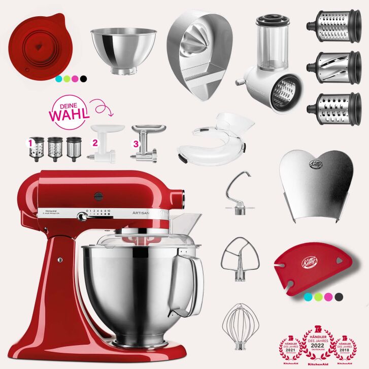 KitchenAid Artisan 4,8 Liter KSM185 Sallys Spar-Set mit Gemüseschneider & Fleischwolf - EMPIRE ROT