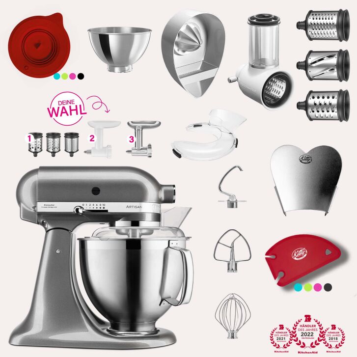 KitchenAid Artisan 4,8 Liter KSM185 Sallys Spar-Set mit Gemüseschneider & Fleischwolf - MEDAILLON SILBER