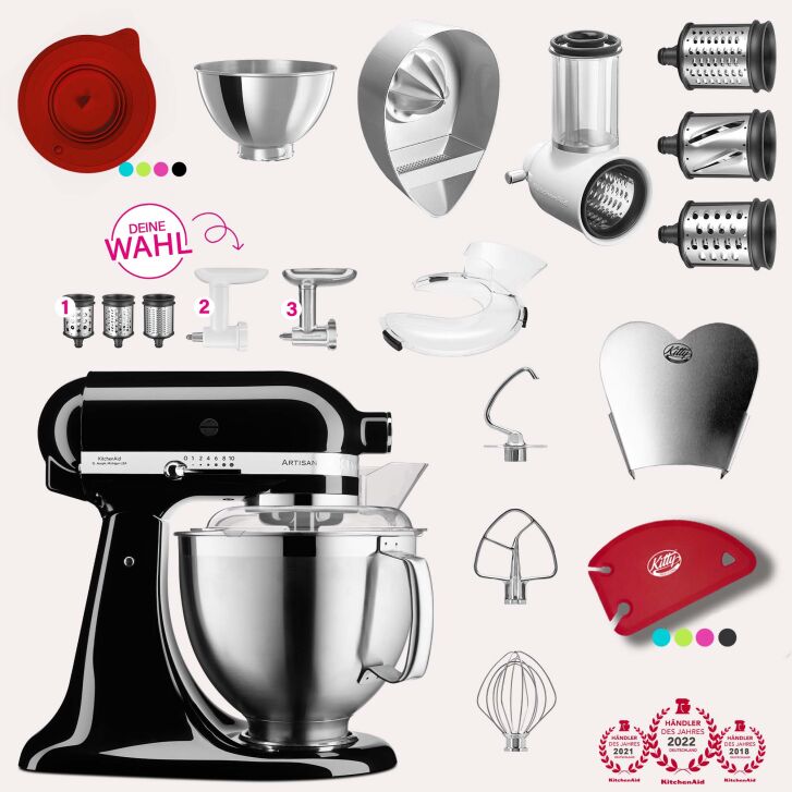 KitchenAid Artisan 4,8 Liter KSM185 Sallys Spar-Set mit Gemüseschneider & Fleischwolf - ONYX SCHWARZ