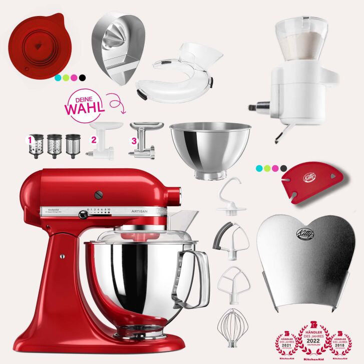 KitchenAid Artisan 4,8 Liter KSM175 Sallys Spar-Set mit Sieb mit digitaler Waage & Fleischwolf - EMPIRE ROT