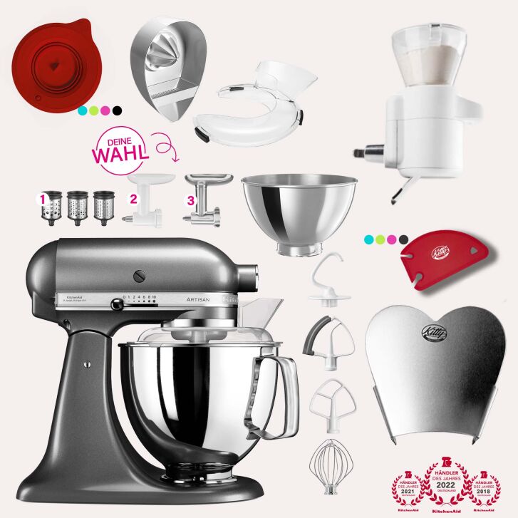 KitchenAid Artisan 4,8 Liter KSM175 Sallys Spar-Set mit Sieb mit digitaler Waage & Fleischwolf - MEDAILLON SILBER