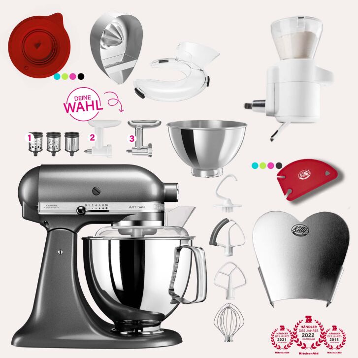 KitchenAid Artisan 4,8 Liter KSM175 Spar-Set mit Sieb mit digitaler Waage, Fleischwolf - MEDAILLON SILBER