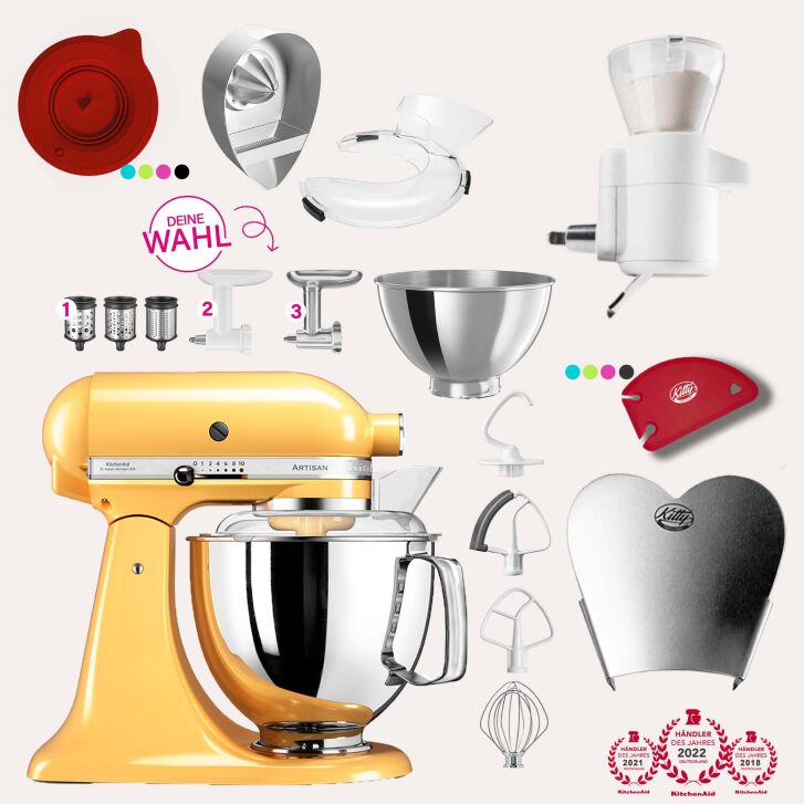 KitchenAid Artisan 4,8 Liter KSM175 Sallys Spar-Set mit Sieb mit digitaler Waage & Fleischwolf - PASTELLGELB