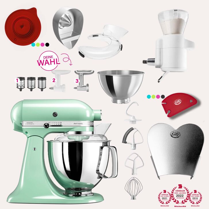 KitchenAid Artisan 4,8 Liter KSM175 Sallys Spar-Set mit Sieb mit digitaler Waage & Fleischwolf - PISTAZIE