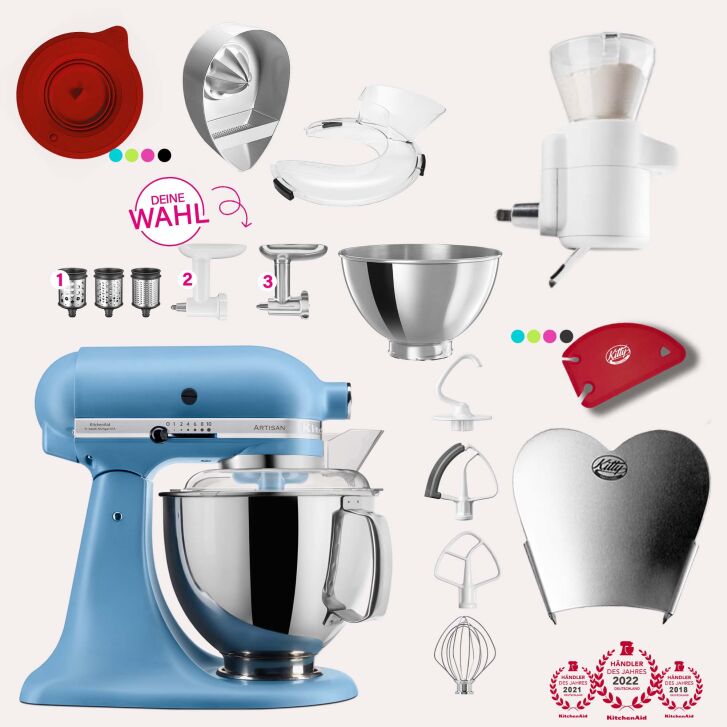 KitchenAid Artisan 4,8 Liter KSM175 Spar-Set mit Sieb mit digitaler Waage, Fleischwolf - VINTAGE BLUE