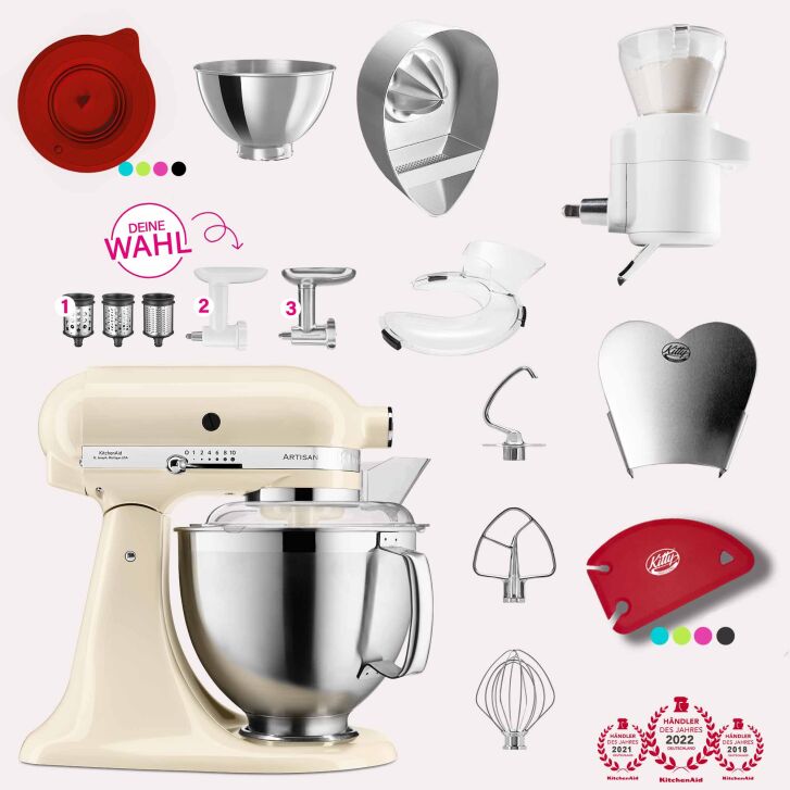 KitchenAid Artisan 4,8 Liter KSM185 Spar-Set mit Sieb mit digitaler Waage, Fleischwolf - CREME