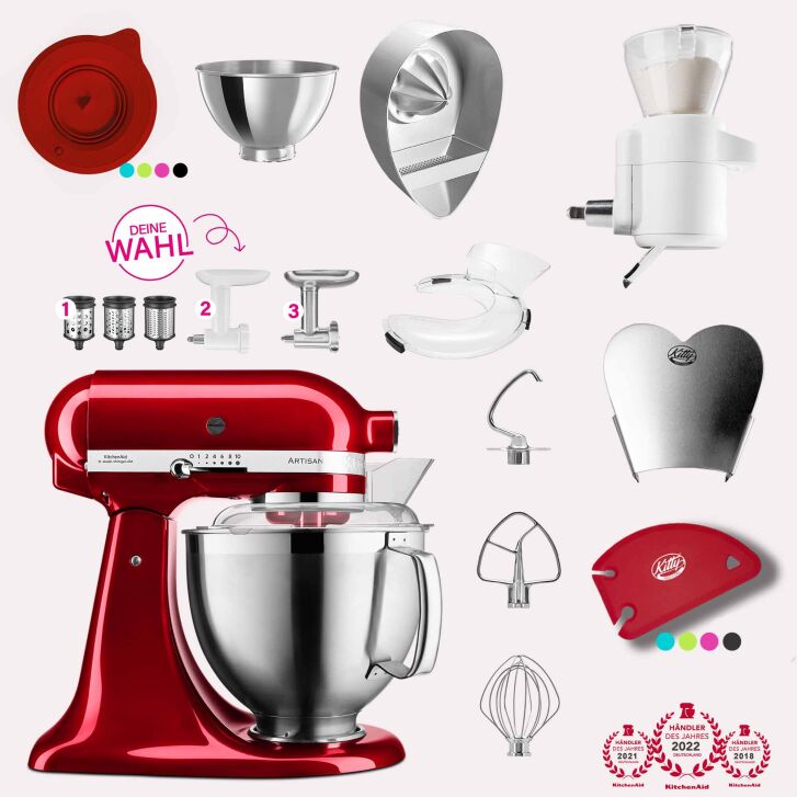 KitchenAid Artisan 4,8 Liter KSM185 Spar-Set mit Sieb mit digitaler Waage, Fleischwolf - LIEBESAPFEL ROT