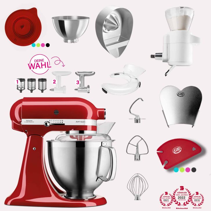 KitchenAid Artisan 4,8 Liter KSM185 Spar-Set mit Sieb mit digitaler Waage, Fleischwolf - EMPIRE ROT