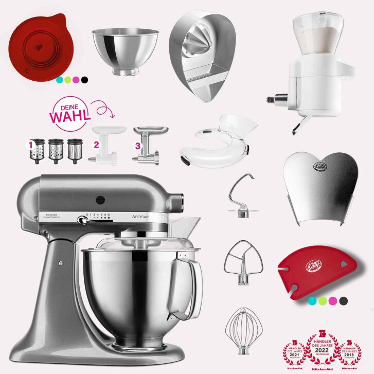 KitchenAid Artisan 4,8 Liter KSM185 Spar-Set mit Sieb mit digitaler Waage, Fleischwolf - MEDAILLON SILBER