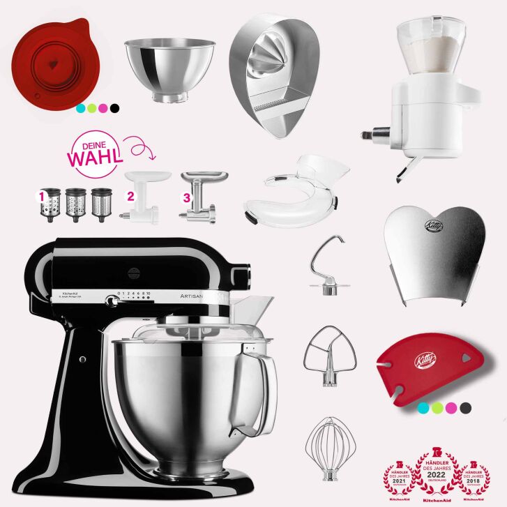 KitchenAid Artisan 4,8 Liter KSM185 Spar-Set mit Sieb mit digitaler Waage, Fleischwolf - ONYX SCHWARZ