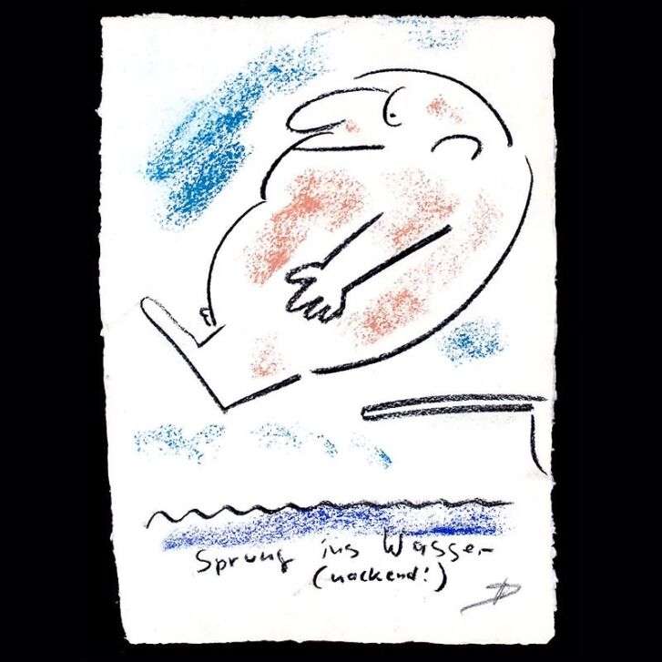 Helge Schneider - Original Kohlezeichnung "Sprung ins Wasser (nackend)" 30 x 41 cm, Unikat, handsigniert