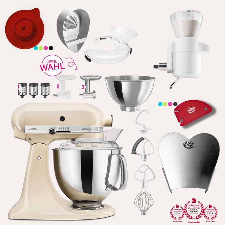 KitchenAid Artisan 4,8 Liter KSM175 Sallys Spar-Set mit Sieb mit digitaler Waage & Fleischwolf - CREME
