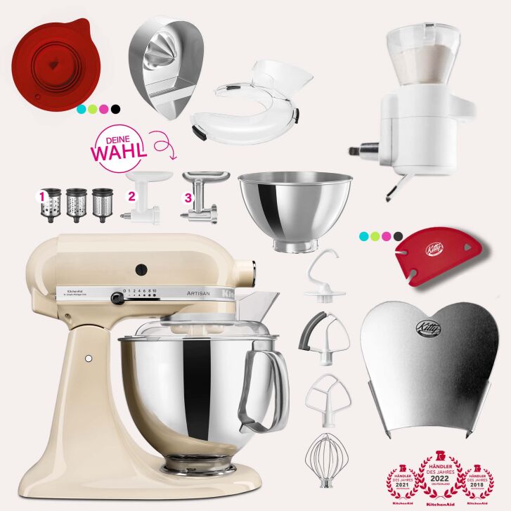 KitchenAid Artisan 4,8 Liter KSM175 Spar-Set mit Sieb mit digitaler Waage, Fleischwolf - CREME