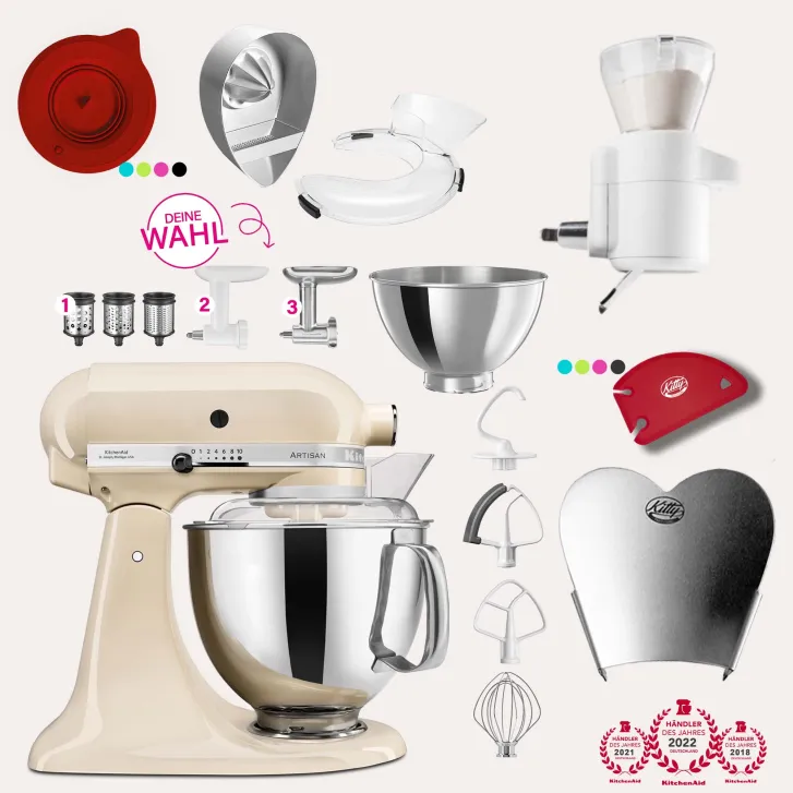 KitchenAid Artisan 4,8 Liter KSM175 Sallys Spar-Set mit Sieb mit digitaler Waage & Fleischwolf - CREME
