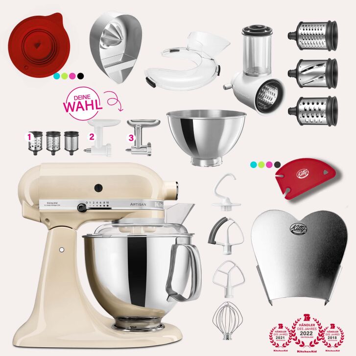 KitchenAid Artisan 4,8 Liter KSM175 Sallys Spar-Set mit Gemüseschneider & Fleischwolf - CREME