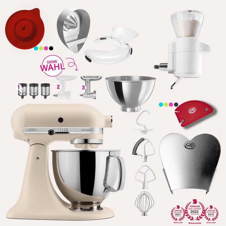 KitchenAid Artisan 4,8 Liter KSM175 Sallys Spar-Set mit Sieb mit digitaler Waage & Fleischwolf - FRESH LINEN