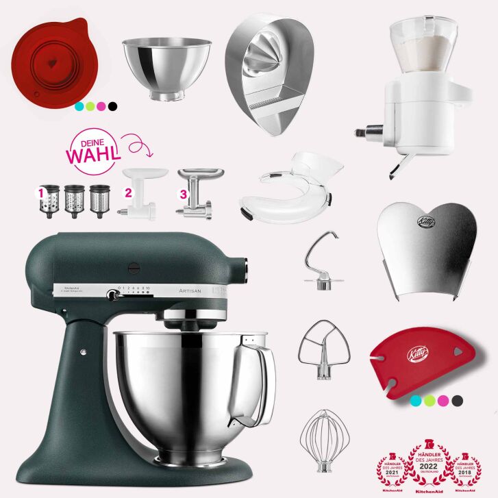 KitchenAid Artisan 4,8 Liter KSM185 Sallys Spar-Set mit Sieb mit digitaler Waage & Fleischwolf - PEBBLED PALM / PALMENSTRAND