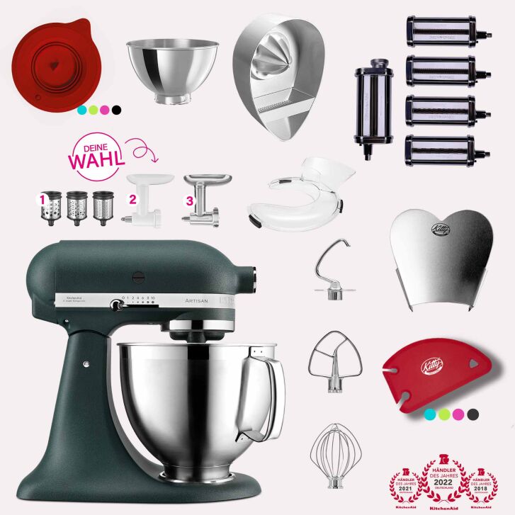 KitchenAid Artisan 4,8 Liter KSM185 Sallys Spar-Set Pasta Deluxe mit 5-teiligem Nudelwalzen-Set & Fleischwolf - PEBBLED PALM / PALMENSTRAND
