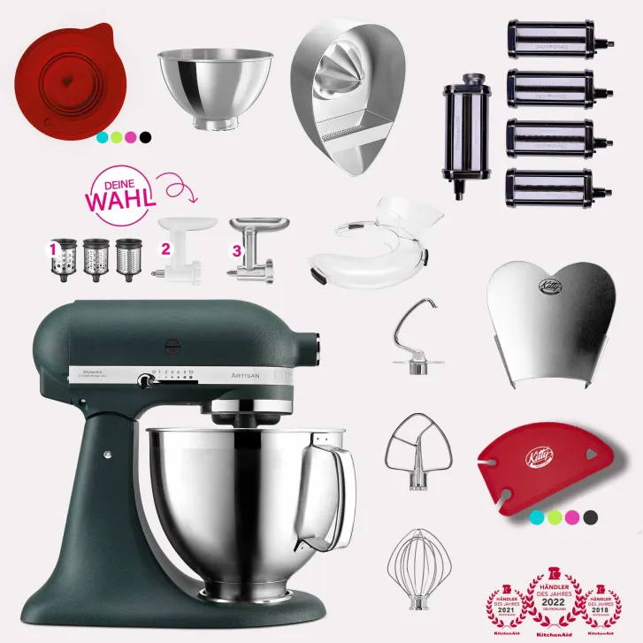 KitchenAid Artisan 4,8 Liter KSM185 Sallys Spar-Set Pasta Deluxe mit 5-teiligem Nudelwalzen-Set & Fleischwolf - PEBBLED PALM / PALMENSTRAND