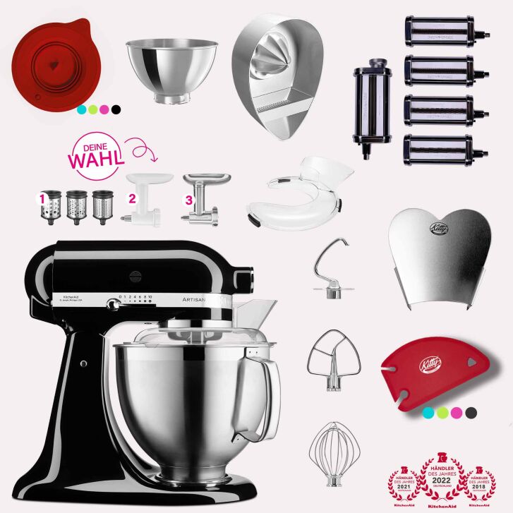 KitchenAid Artisan 4,8 Liter KSM185 Spar-Set Pasta Deluxe mit 5-teiligem Nudelwalzen-Set, Fleischwolf - ONYX SCHWARZ