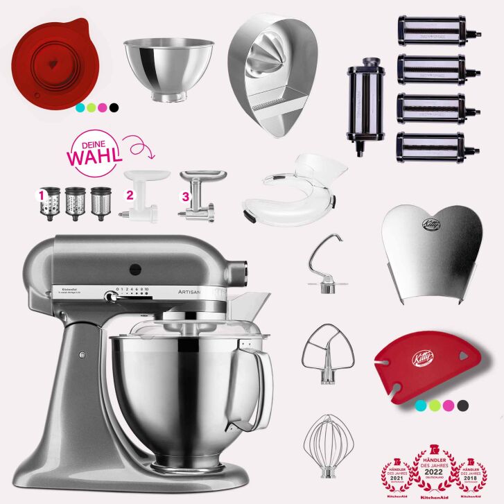 KitchenAid Artisan 4,8 Liter KSM185 Sallys Spar-Set Pasta Deluxe mit 5-teiligem Nudelwalzen-Set & Fleischwolf - MEDAILLON SILBER