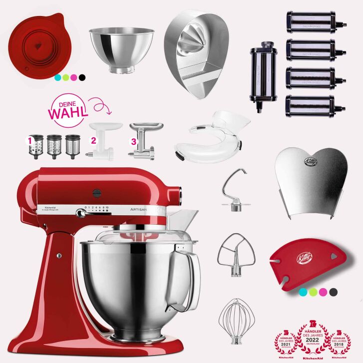 KitchenAid Artisan 4,8 Liter KSM185 Sallys Spar-Set Pasta Deluxe mit 5-teiligem Nudelwalzen-Set & Fleischwolf - EMPIRE ROT
