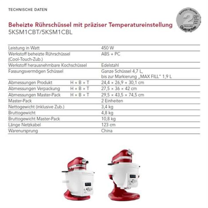Original Zubehör KitchenAid Beheizte Rührschüssel mit präziser Temperatureinstellung 5KSM1CBET