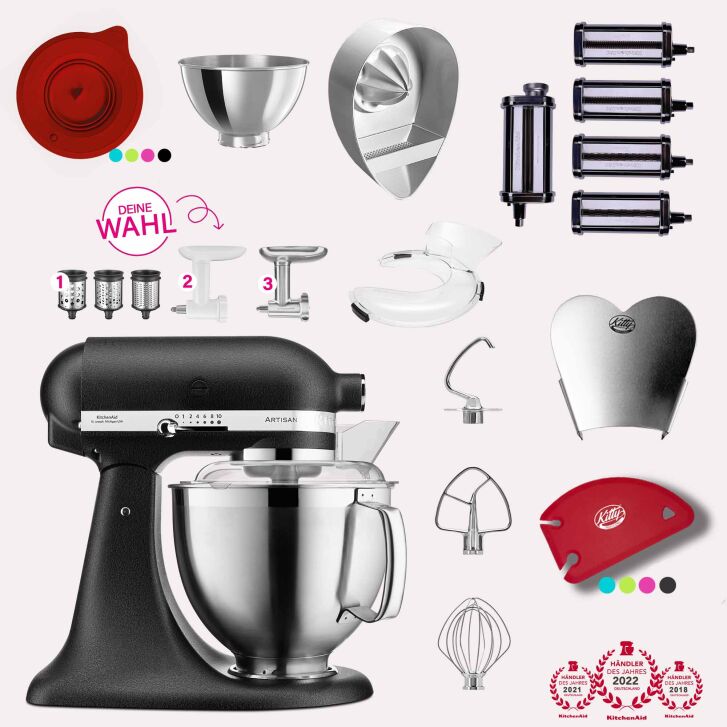 KitchenAid Artisan 4,8 Liter KSM185 Sallys Spar-Set Pasta Deluxe mit 5-teiligem Nudelwalzen-Set & Fleischwolf - GUSSEISEN SCHWARZ