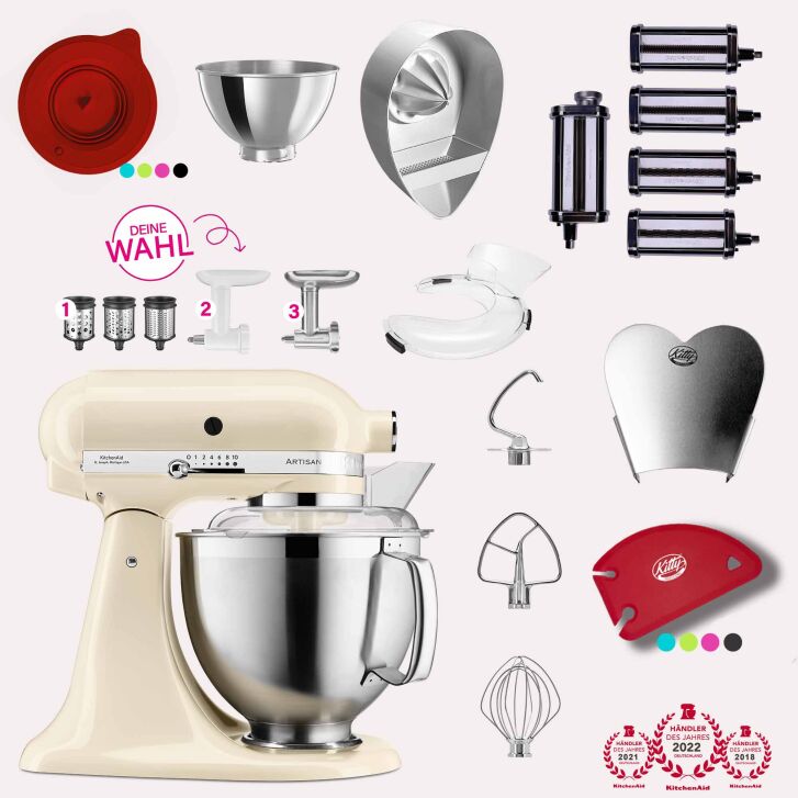 KitchenAid Artisan 4,8 Liter KSM185 Sallys Spar-Set Pasta Deluxe mit 5-teiligem Nudelwalzen-Set & Fleischwolf - CREME