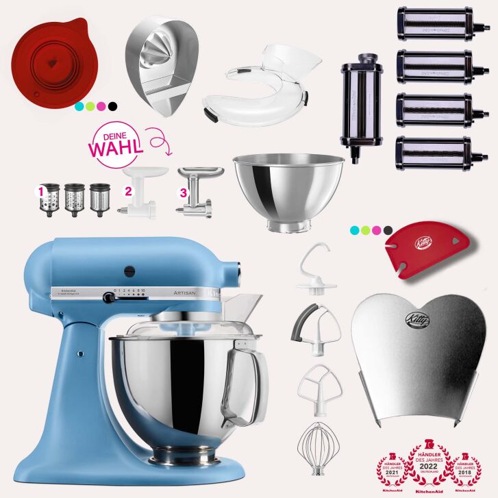 KitchenAid Artisan 4,8 Liter KSM175 Sallys Spar-Set Pasta Deluxe mit 5-teiligem Nudelwalzen-Set & Fleischwolf - VINTAGE BLUE