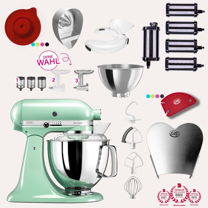 KitchenAid Artisan 4,8 Liter KSM175 Sallys Spar-Set Pasta Deluxe mit 5-teiligem Nudelwalzen-Set & Fleischwolf - PISTAZIE