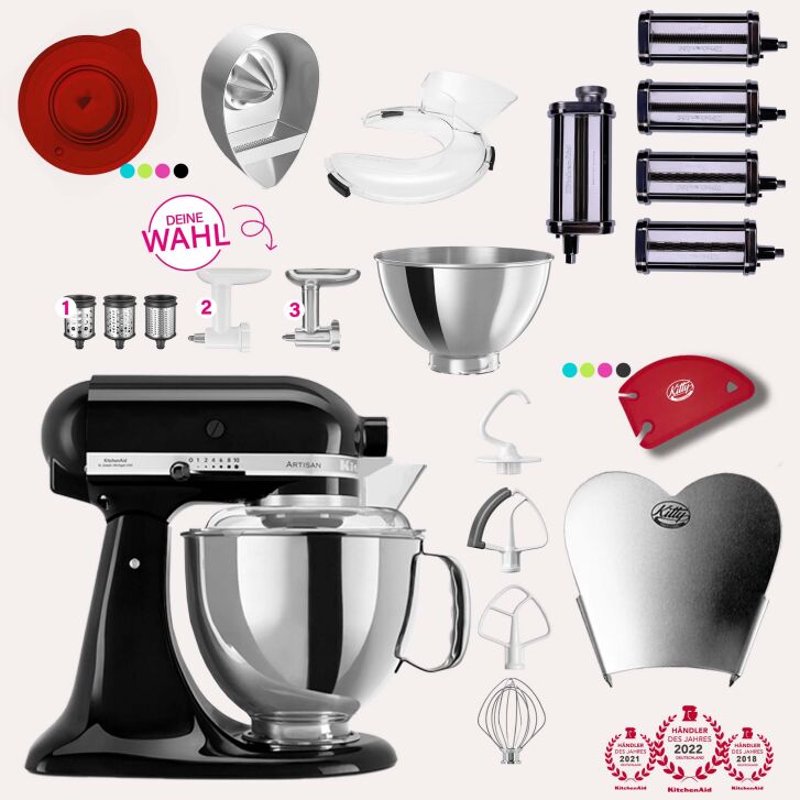 KitchenAid Artisan 4,8 Liter KSM175 Sallys Spar-Set Pasta Deluxe mit 5-teiligem Nudelwalzen-Set & Fleischwolf - ONYX SCHWARZ