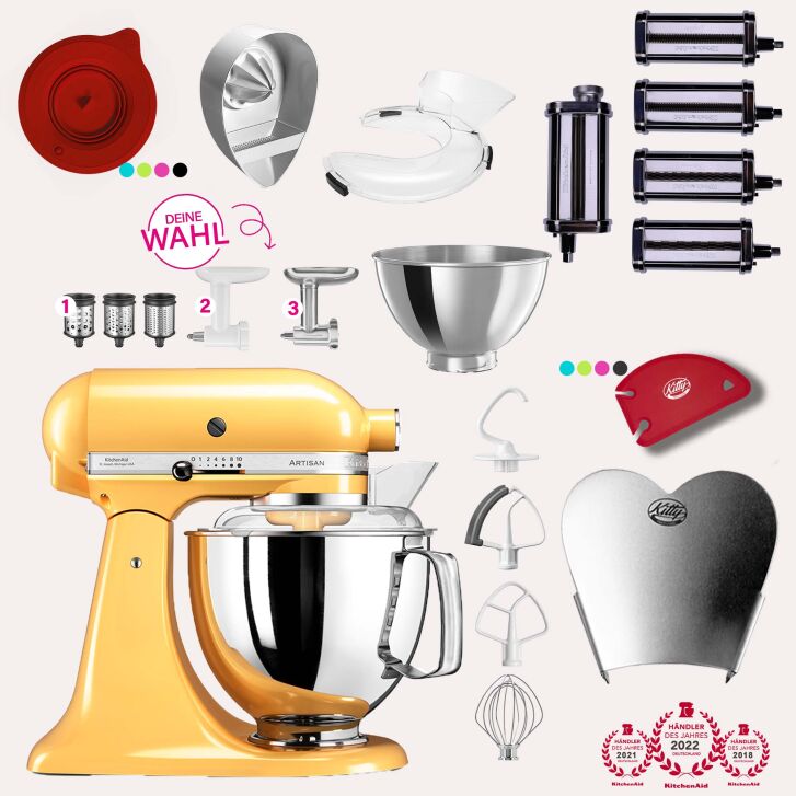 KitchenAid Artisan 4,8 Liter KSM175 Spar-Set Pasta Deluxe mit 5-teiligem Nudelwalzen-Set, Fleischwolf - PASTELLGELB